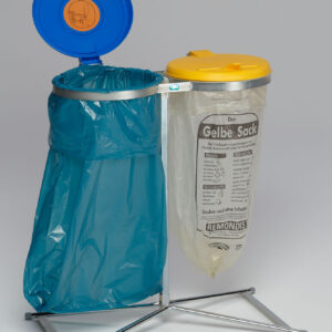 VAR Standard D Doppel-Abfallsammler verzinkt mit je 1 x KS-Deckel in Gelb und Blau – Müllsackständer für 2x 120 Liter Abfallsäcke, Fußpedal, robust und langlebig