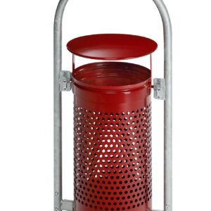 Rohrbogenständer zum Einbetonieren, Kopfteil und Korpus purpurrot (RAL 3004), Abfallsammler Außenbereich, 68 L, Doppelbartschloss, ohne Inneneinsatz