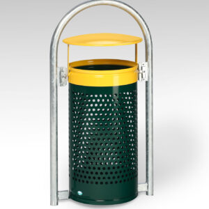 Rohrbogenständer zum Einbetonieren, Kopfteil gelb (RAL 1023), Korpus moosgrün (RAL 6005), Abfallsammler Außenbereich, 69 L, Doppelbartschloss, ohne Inneneinsatz