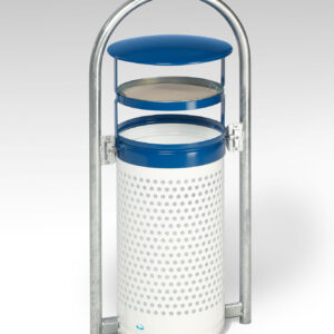 VAR Rohrbogenständer RB 002 zum Einbetonieren, Korpus weiß – Kopfteil enzianblau, Rohrbogen feuerverzinkt, Abfallsammler für den Außenbereich, 76 Liter, mit Doppelbartschlossschloss, ohne Inneneinsatz