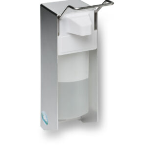 VAR Handdesinfektionsspender HDS 30 mit Behälter – kompakter Wandspender aus Aluminium & Edelstahl-Armhebel | hygienisch, robust & platzsparend | kompatibel mit 500 ml & 1000 ml Euroflaschen