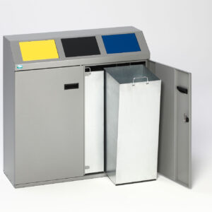 VAR Wertstoffsortiersystem aus Stahl – TÜV-geprüftes Abfalltrennsystem in Silber (2-, 3- oder 4-fach | 100–200 L) mit Schloss & Piktogrammen für Recyclingstationen