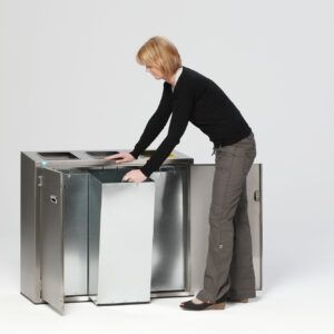 VAR Wertstoffsortiersystem Edelstahl 270 Liter – 3 Inneneinsätze à 90 L, Doppeltüren mit Doppelbartschloss, verstellbare Füße, farbige Trennringe, Recyclingstation & Mülltrennung