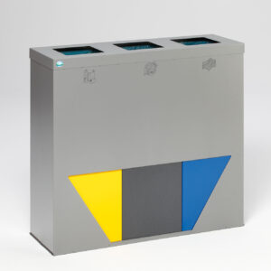 VAR Wertstoffsammelstation WS Trapez 93 – silberner Mantel mit 3 Einsätzen in Gelb, Blau & Antik-Silber | 89 l Gesamtvolumen | robustes Trennsystem aus pulverbeschichtetem Stahlblech