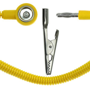 ESD Spiralkabel, 1 Mohm, gelb, 2,4 m – 10/10 mm Druckknopf, Bananenstecker, Krokodilklemme, flexibel, geprüft nach BGI 818