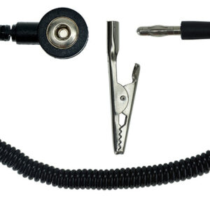 ESD Spiralkabel 1 Mohm, 2,4 m, 10 mm Druckknopf, Bananenstecker, schwarz – hochelastisch, nicht für Handgelenkbanderdung, geprüft nach BGI 818