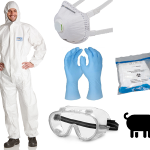 Schweinegrippe-Infektionsschutzset BASIC ProSafe® 2 Overall CE Kat.III Typ 5b/6b antistatisch Schutzbrille FFP3 Maske Handschuhe Entsorgungsbeutel