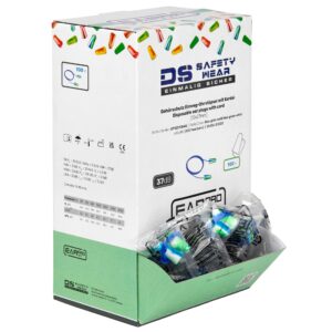 EarProtect Einweg Ohrstöpsel – PU Schaumstoff mit Kordel, blau/weiß/grün, SNR 37 dB, VE: 1000 Paar
