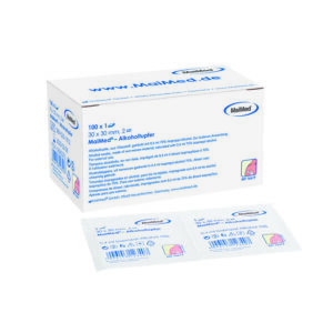 Meditrade Alkoholtupfer Alkoholgetränkter Tupfer Hygienisch – Hautreinigung vor subkutanen Injektionen und kapillarer Blutentnahme | 3×3 cm, 100 Stk