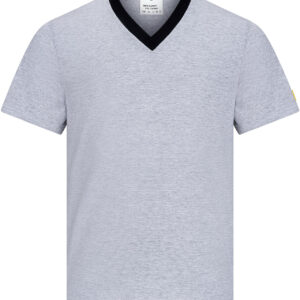 ESD-T-Shirt 150 g/m², V-Ausschnitt, hellgrau mit schwarzem Kragen, DIN EN 61340-5-1, 96% Baumwolle, 4% Carbonfaser, Größen XS–5XL