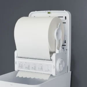 B2B Handtuchrollenspender Autocut Hygienespender Weiß und matt Füllstandskontrolle und Schlüsselsystem | Praxis, Kliniken, Sanitärbereiche | in Sanitärräumen installiert