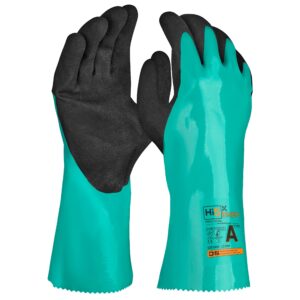 Hi5 X Chem Handschuhe AJKLOPT – Chemikalienschutz, grün/schwarz, raue Nitrilbeschichtung, hoher Abrieb, Fingerfertig, Touchscreen, Öl & Gas, Stahl, Ingenieurwesen, VE 72 Paar