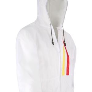 Mehrweg-Lackieroverall weiß – 100% Polyester, Kapuze, Kordelzug, Arm-/Bein-/Taillengummi, 2-Wege-Reißverschluss, atmungsaktiv, fusselfrei, waschbar, VE 15 Stück