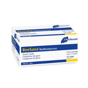 Meditrade BeeSana Mullkompresse Gaze 16-fach unsteril; Träger für Salben – Allgemeine Wundversorgung bei sezernierenden Wunden | 5 x 5 cm; 7,5 x 7,5 cm; 10 x 10 cm; 10 x 13 cm; 10 x 20 cm
