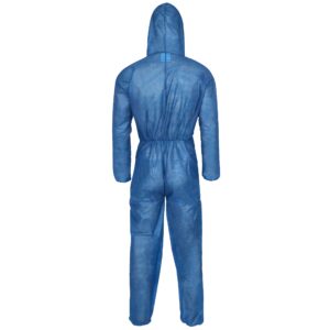 PP-Einwegoverall 40gr/qm – blau, Kapuze, Arm-/Bein-/Taillengummi, Reißverschlussabdeckung, atmungsaktiv, CE Kat. I, VE 50 Stück