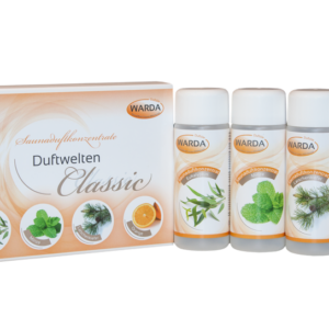 Warda Sauna-Set Duftwelten Classic Aromaduft-Set für Sauna in 4x100 ml  | Eukalyptus Minze Latschenkiefer Orange Duftöl-Set.