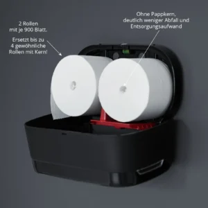 B2B Toilettenpapierspender Doppelspender Mattierte Oberfläche | Füllstandskontrolle, Schlüsselsystem, integrierte Wasserwaage, Befestigungsmaterial inklusive, Rollen-Ø bis 13,5 cm, Maße 298x170x113 mm | Weiß, Schwarz | Praxis-/Klinikbereiche; Bürogebäude; öffentliche Einrichtungen | Montage in Sanitärbereichen