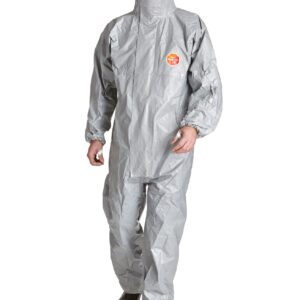 Tychem® F Chemikalienschutzanzug grau, polymerbeschichtet, CE Kat. III Typ 3B/4B/5B/6B, Chemieschutz mit Kapuze, Gesichtsgummi, flüssigkeitsdicht bis 5 bar, VE 25 Stück